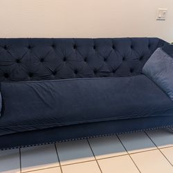 Navy Blue Velvet Tufted Sofa with Pillows