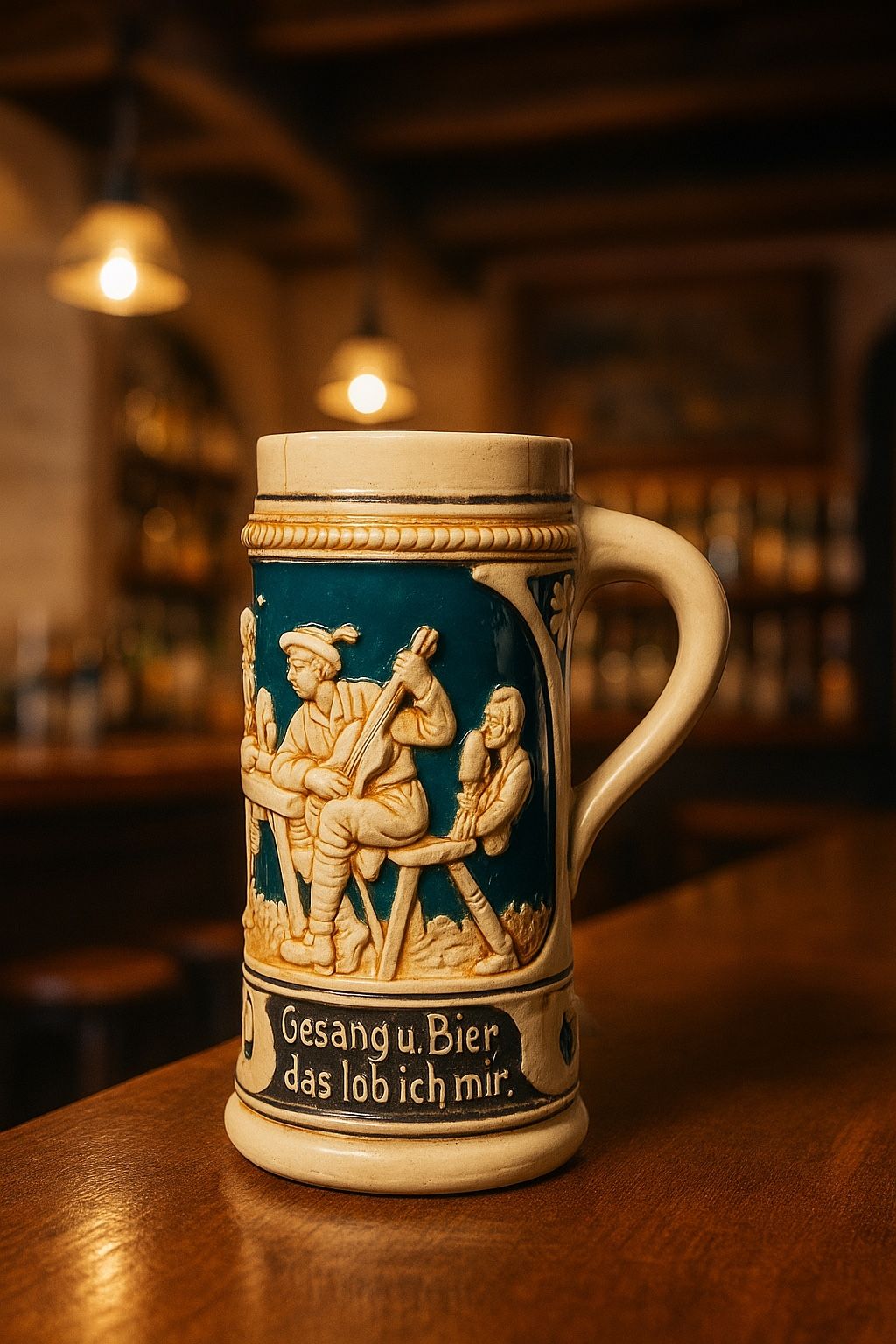 Germany 1930s Hand Painted Figural Beer Stein Tavern Scene With Verse, 5.5”