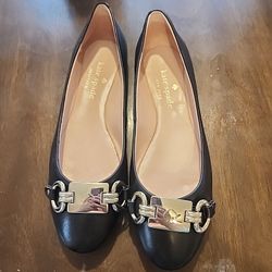 Kate Spade Women's Phoebe Ballet Flat Shoes Black Logo Gold Hardware Size 6