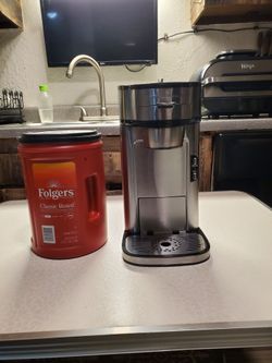 Single Serve Coffee Maker Stainless Steel +  A New tub of Folgers coffee