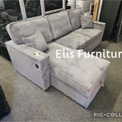 New Sectional Pull Out Bed W/ Storage Chaise, 2 Cup Holder & USB Outlet $489