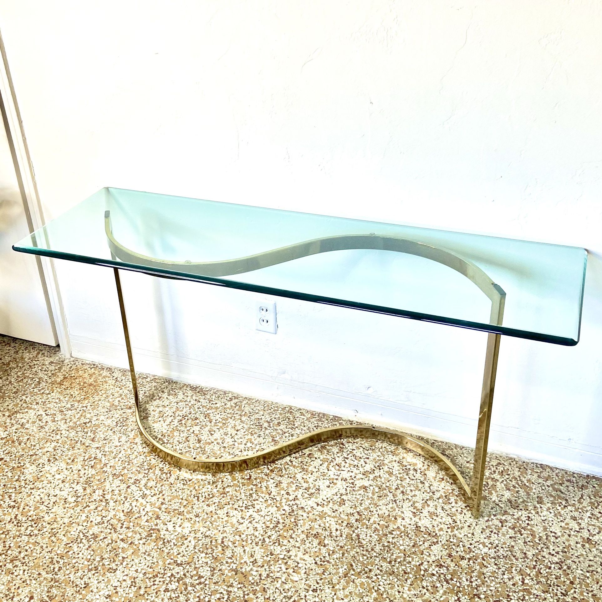 Vintage Mid-Century Hollywood Regency Style Brass & Glass Console Table 