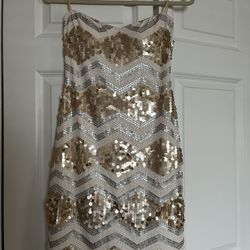 It’s A Beautiful cocktail dress, gold, and silver. The size is medium.