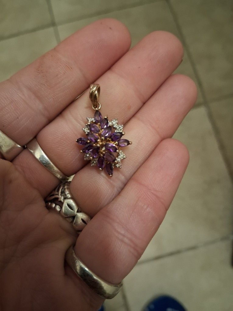 Amethyst And Diamond Gold Plated Sterling Cluster Pendant.