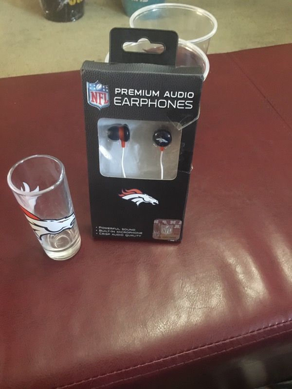Denver Broncos shot glass and earphones