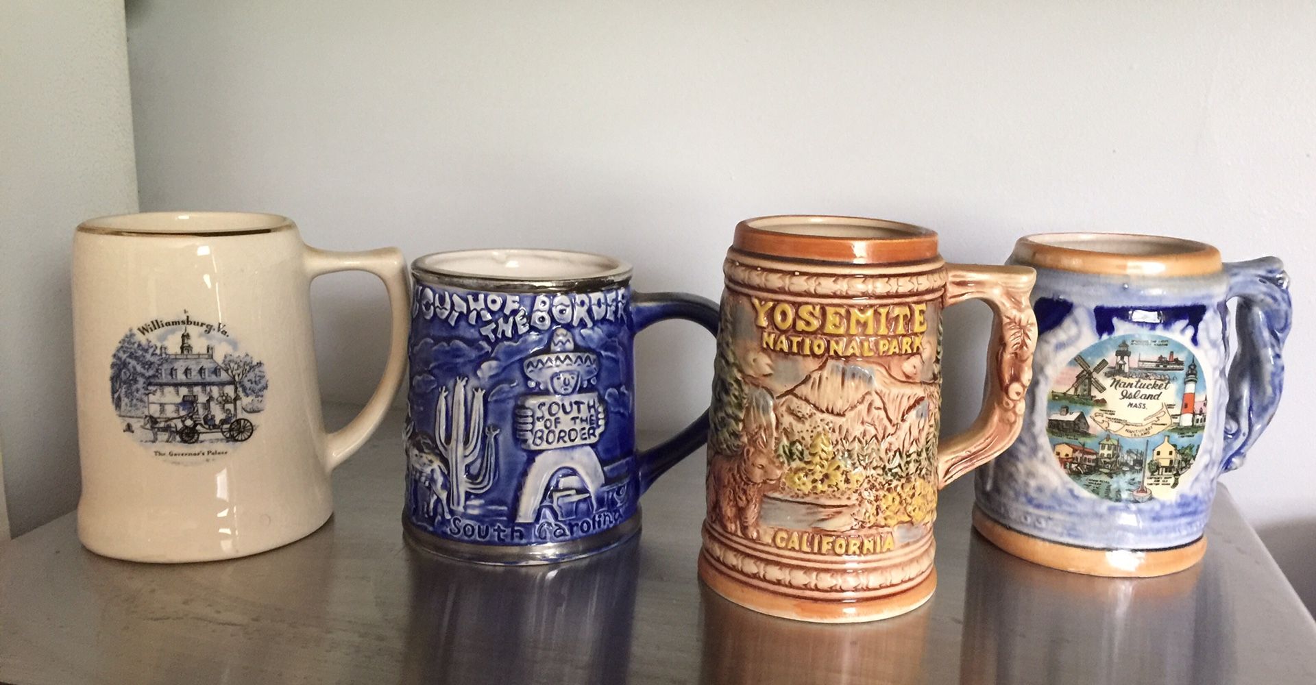 4 Old Collectors Mugs/Yosemite/South of the Border, SC/Nantucket, Mass/ Williamsburg, Virginia