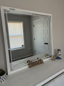White tall dresser with mirror, one side dresser, two drawers