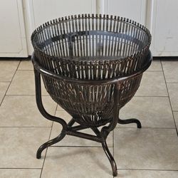 Vintage 1960s Brown, Asian Antique Cane/Rattan Fish Trap Table Nice! Glass Top