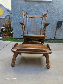 Colonial revival oak swival  glider rocker and foot stool