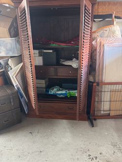 Wood Armoire with Louvered Doors and Drawers