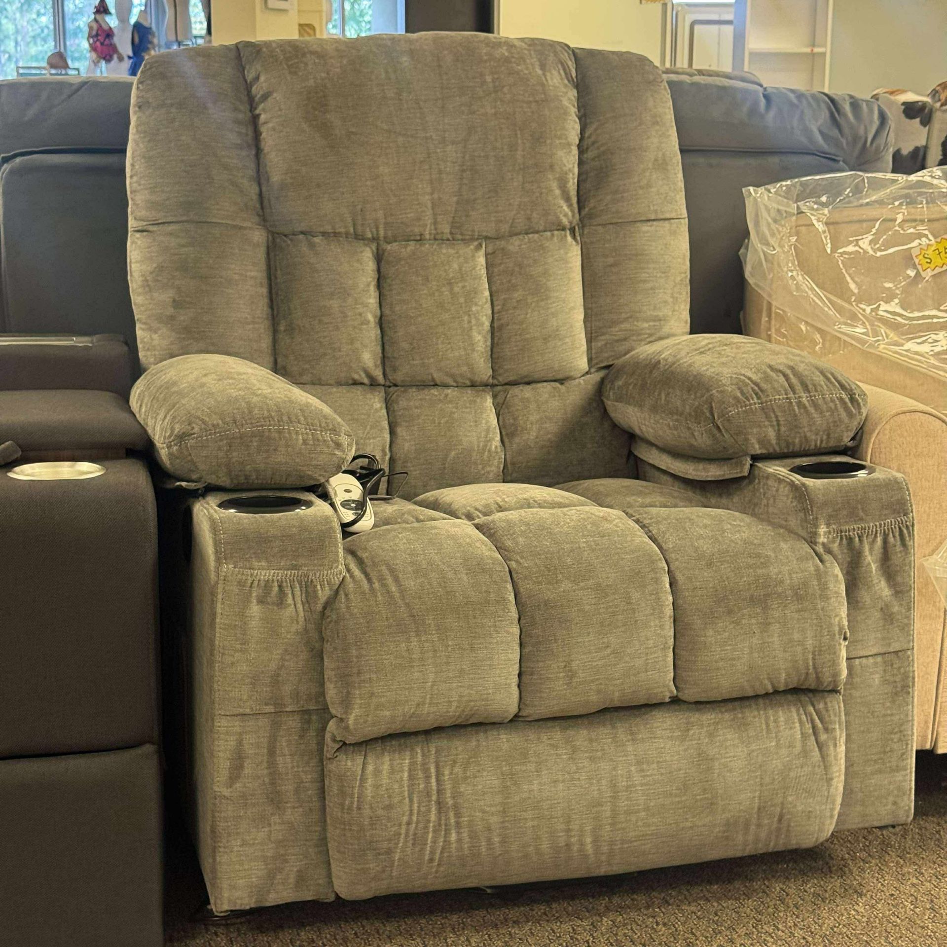Manual Recliner Chair with Heat Therapy and Massage Function, Heavy Duty Reclining Mechanism Massage Chair, Elderly Single Rocker Sofa with Cup Holder