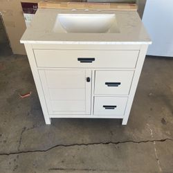 Home Decorators Collection Stanhope 31 in. Single Sink Even Better Beige Bath Vanity with Carrara White Engineered Stone Top (Assembled)