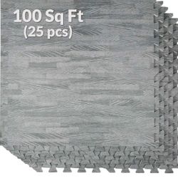 Home Aesthetics 100 Sq. Ft 3/8 Inch Thick Printed Foam Tiles Interlocking Foam Mat, Sea Haze Grey Wood Grain Style Print, (24"x24", 25 pcs), Protectiv