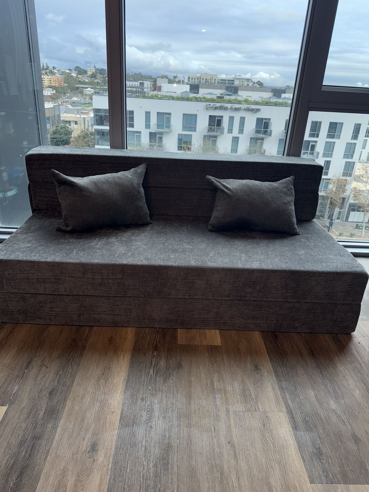 Convertible Sofa Bed with Memory Foam, Floor Cushion, And Pillows, Featuring