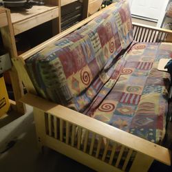 Solid Oak 90s Futon With Funky Patterned Fabric