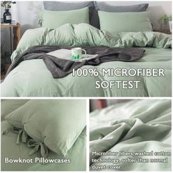 Duvet Cover Queen Size Sage Green, 3 Pieces Soft Washed Microfiber Duvet Cover Set, Comforter Cover with Bowknot Bow Tie (1 Duvet Cover 90x90 Inch, 2 