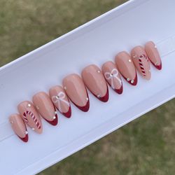 Christmas winter Press on nails dark red nude rhinestones candy cane French tips