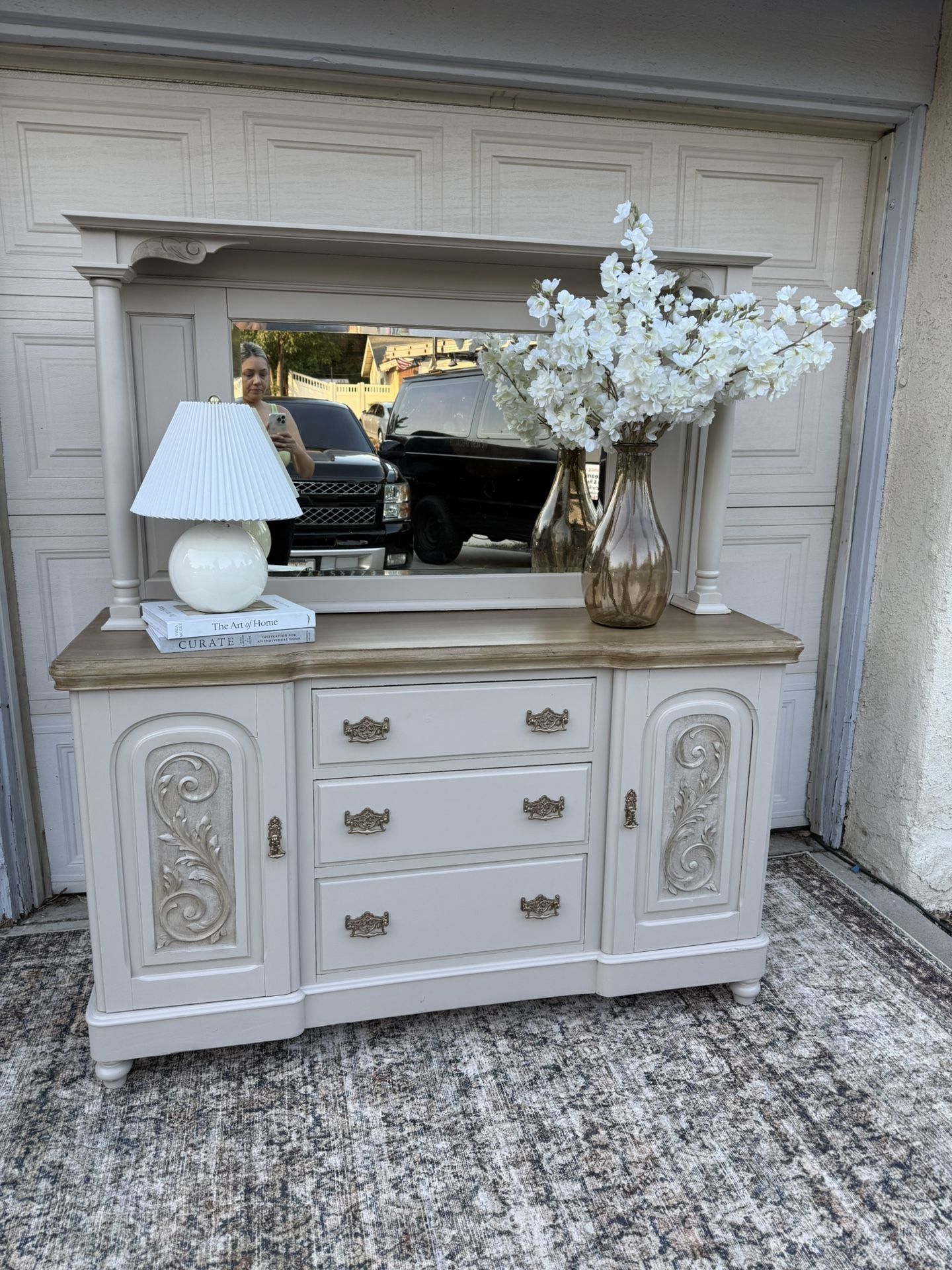 Rustic Antique sideboard, Farmhouse Hutch, Refurbished Wood console table, Entry table and mirror