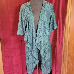Lularoe Monroe Green  Lace With Black Fringe Duster Sz Small