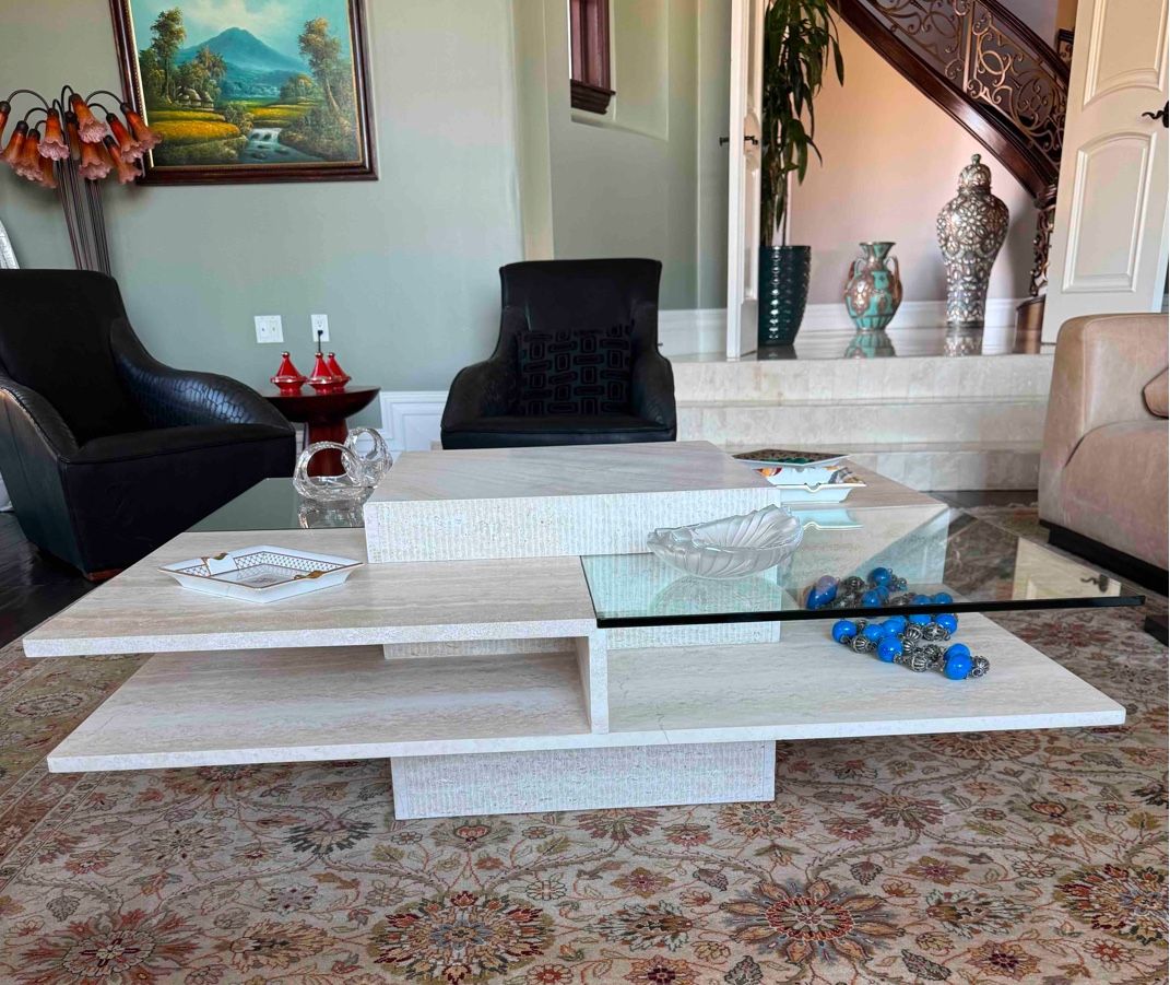 Travertine & Glass Coffee And Side Table