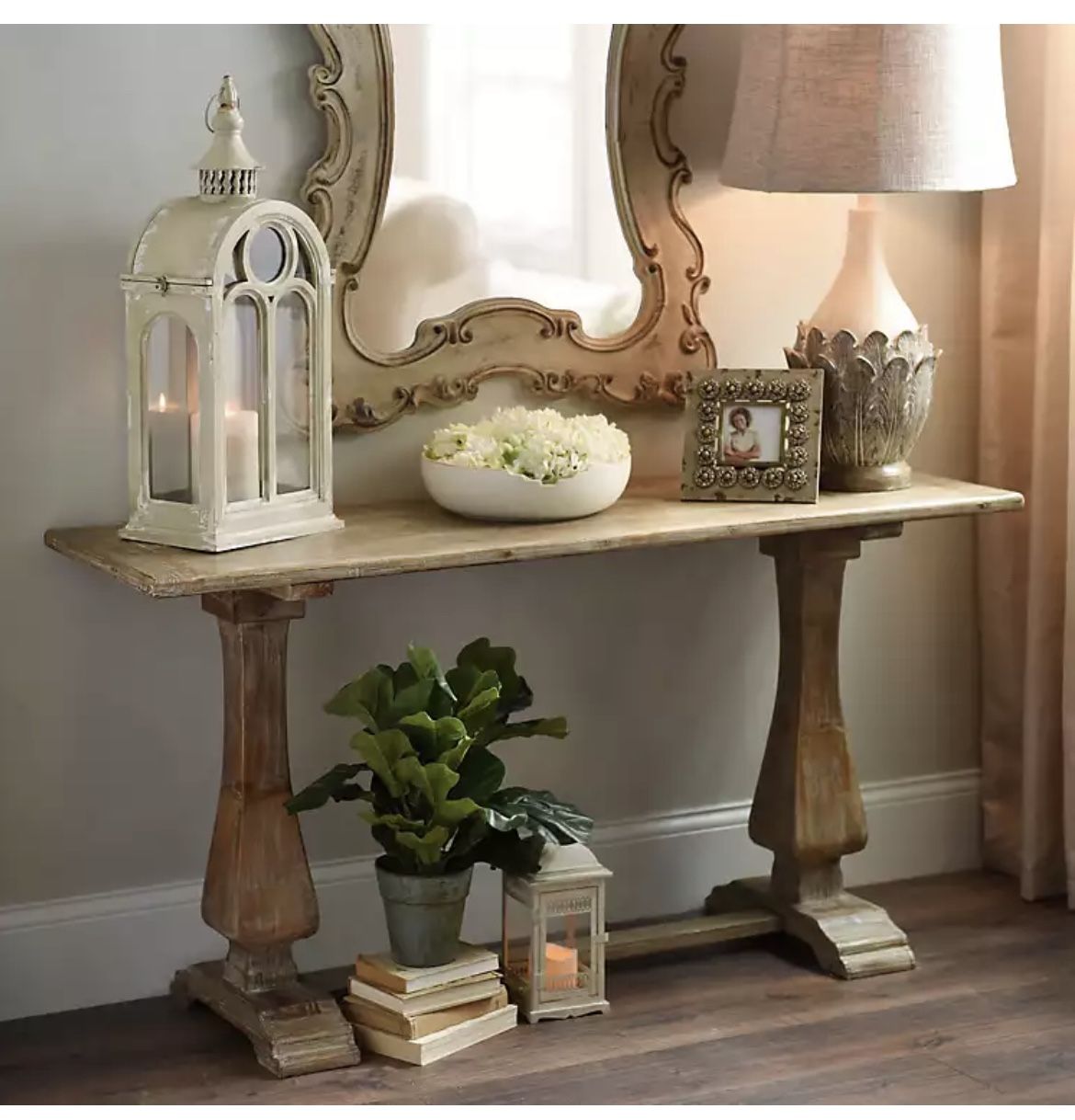 Distressed Natural Pedestal Console Table