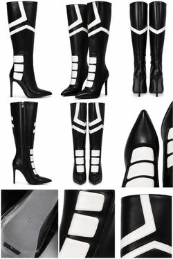 Black and White Knee-High Stiletto Boots 8
