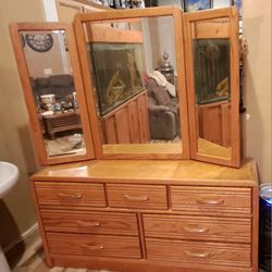 Oak real wood dresser with mirrors and jewelry box and storage 