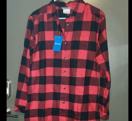 Columbia Womens Red Checker Plaid Flannel Button Down Shirt Sz S NWT
