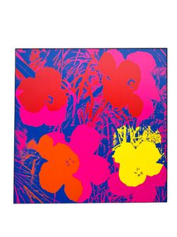 Andy Warhol FLOWERS 11:66 Flowers 11.66 ( red, yellow, orange on blue) art print by Andy Warhol 36x36” Black Floater Frame