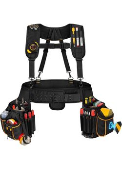 Tool Belt with Suspenders & Pouches, Heavy Duty Work Belt, Black