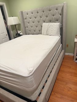 Gray Tufted Upholstered Wingback Bed Frame