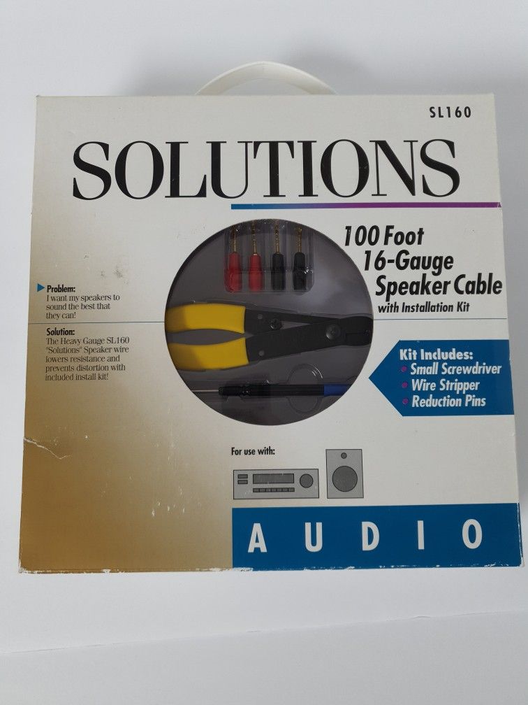 Solutions 100 foot 16-gauge speaker cable with installation kit, SL160 , New ..
Condition is New ( Open Box) .
Kit includes: 
* Small Screwdriver 
* W