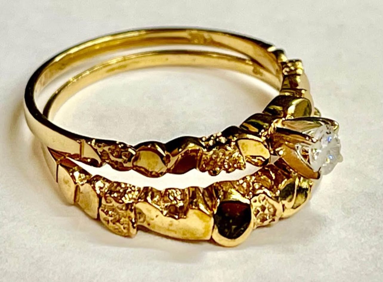 Nugget style 10k yellow gold woman’s diamond wedding set-natural stone
