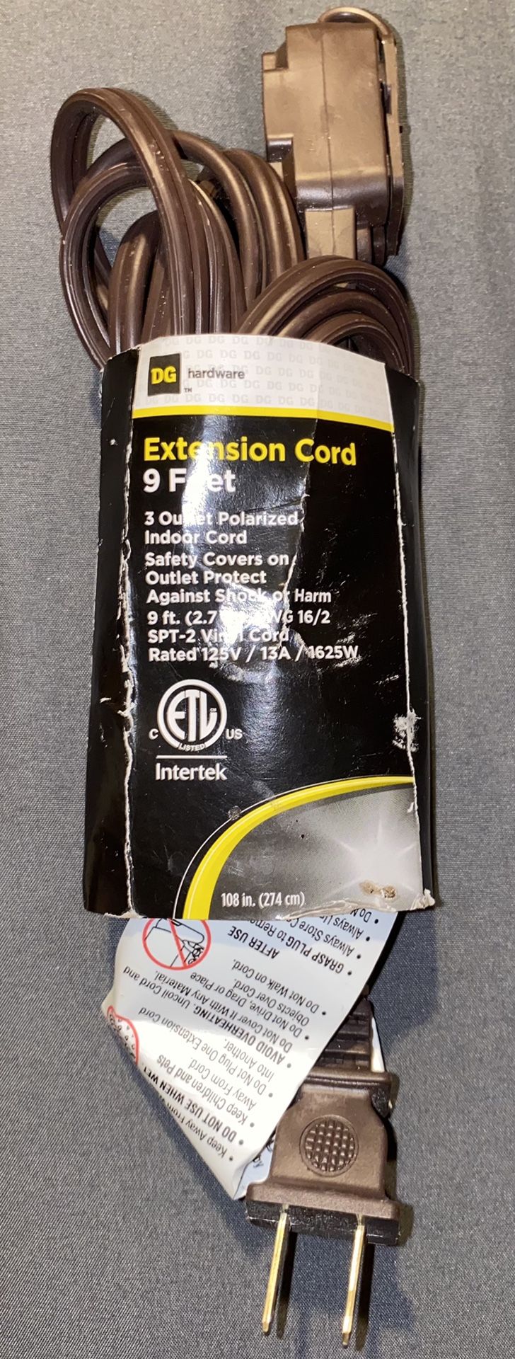 New DG Hardware 9 Foot Extension Cord 3 Outlet Polarized Indoor Cord