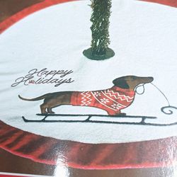 Dachshund Dog Riding Sled Happy Holidays Christmas Tree Skirt Mat Embroidered 