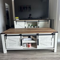 OKD Farmhouse 3-Piece Living Room Set – TV Stand, Coffee Table & End Table 