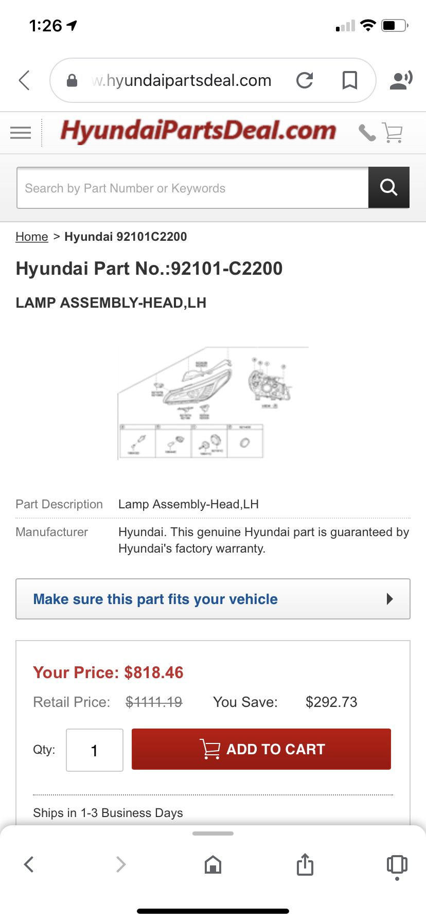 2016-2017 Hyundai Sonata LH Headlight
