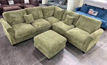 New Corduroy Sectional.  Green, Beige, Grey.  99”x99”.  Free Delivery!