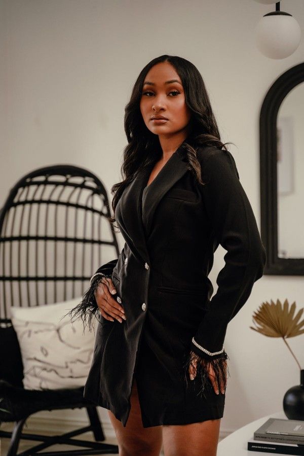 Liliana | Medium Black Feathered Blazer Dress With Crystal Sleeves