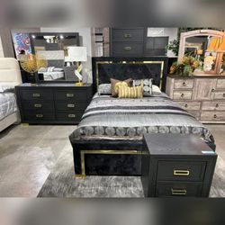 Black/Gold modern 4 pc Queen bedroom set