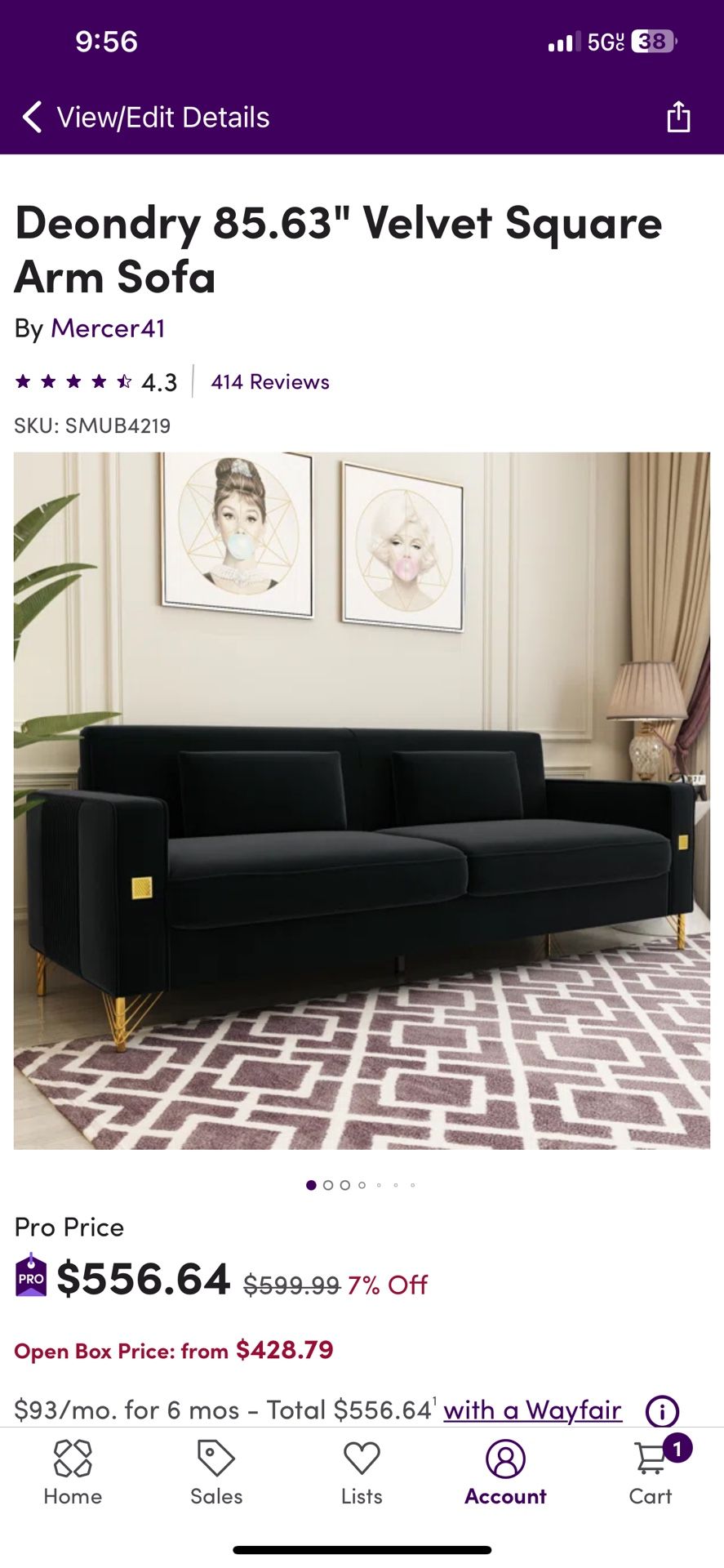 Black Velvet Square Arm Sofa