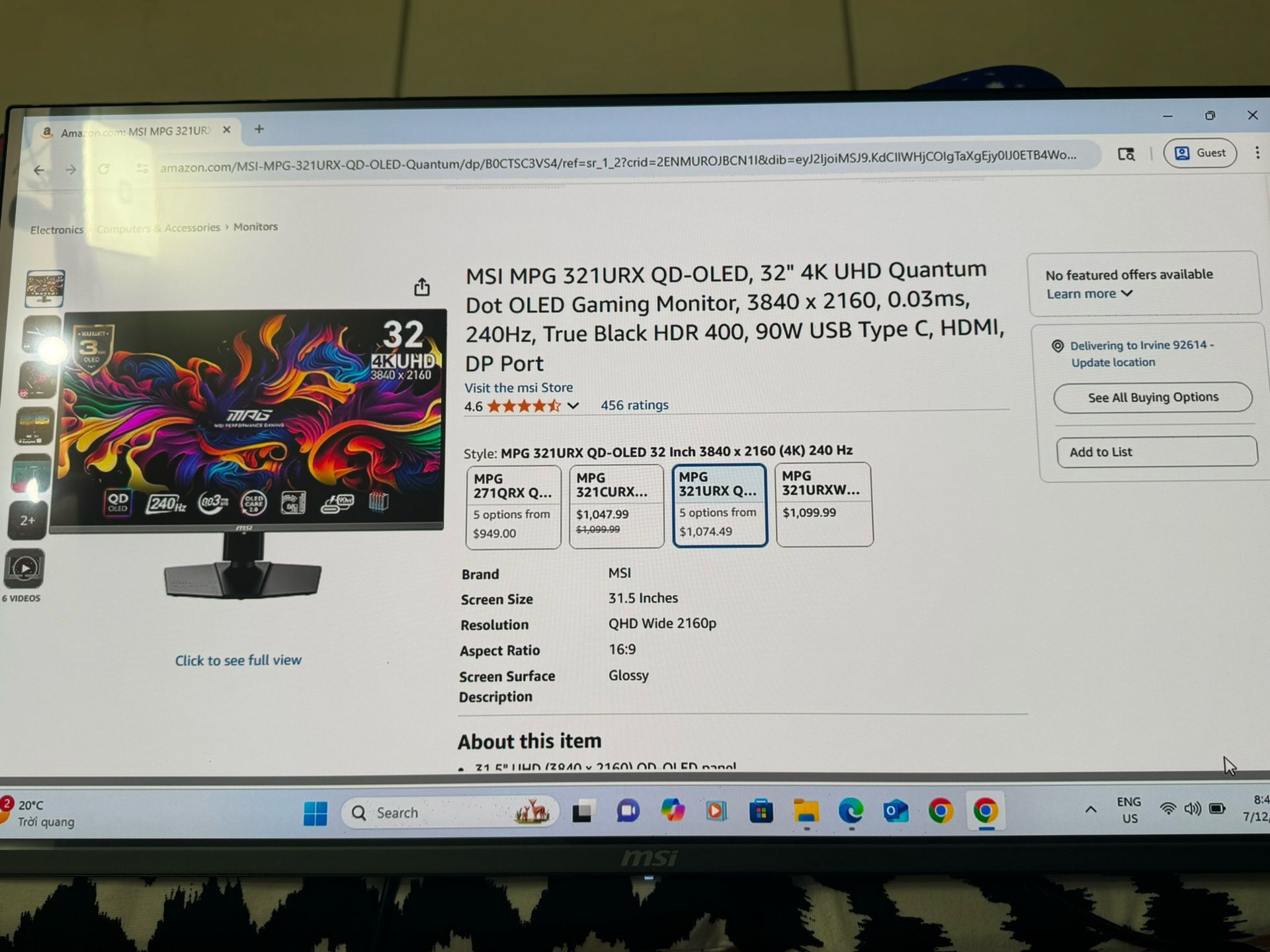 MSI MPG 321URX QD-OLED, 32" 4K UHD Quantum Dot OLED Gaming Monitor, 3840 x 2160, 0.03ms, 240Hz, True Black HDR 400, 90W USB Type C, HDMI, DP Por