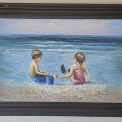 P Watkins Walking On The Beach Boy & Girl Oil Painting 44"x32" Seascape Nautical
