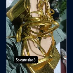 Golden. Heels Wedge With Straps
