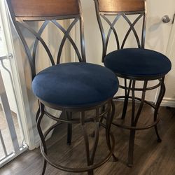TWO IRON/WOOD BAR STOOLS NAVY BLUE 