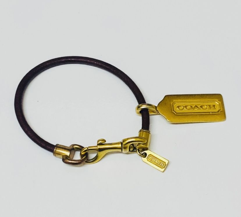 Coach Gold & Brown Leather Designer Tag Bracelet