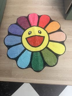 Takashi Murakami Style Rainbow Flower Rug – 3.2 ft (38") Accent Rug
