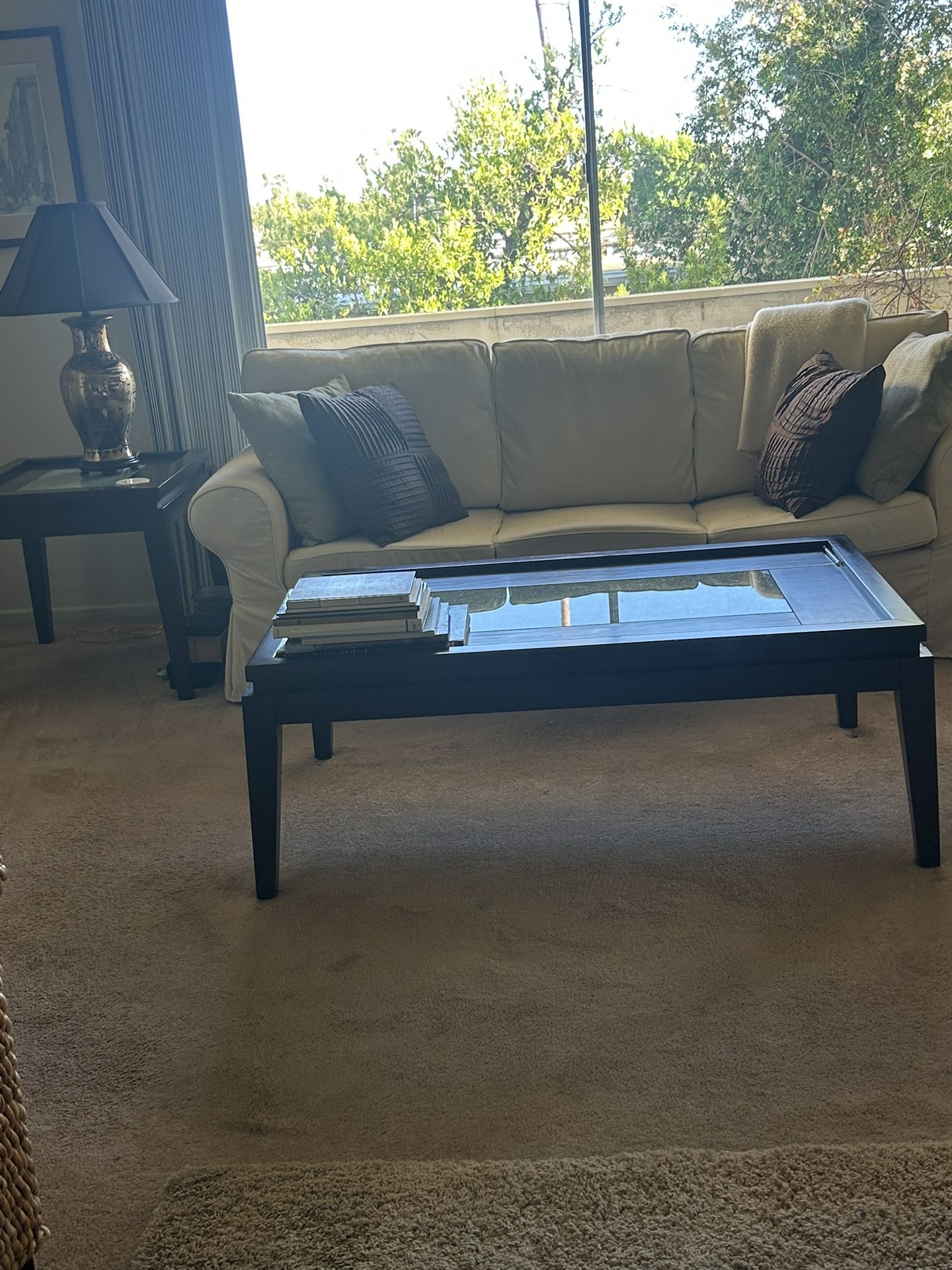 COFFEE & END TABLE SET, MAHOGANY FINISH, MANUFACTURED IN ITALY, EXCELLENT CONDITION