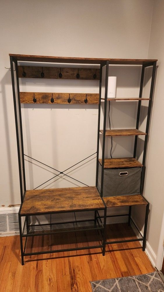 Black and Brown Hall Tree with Shoe Storage