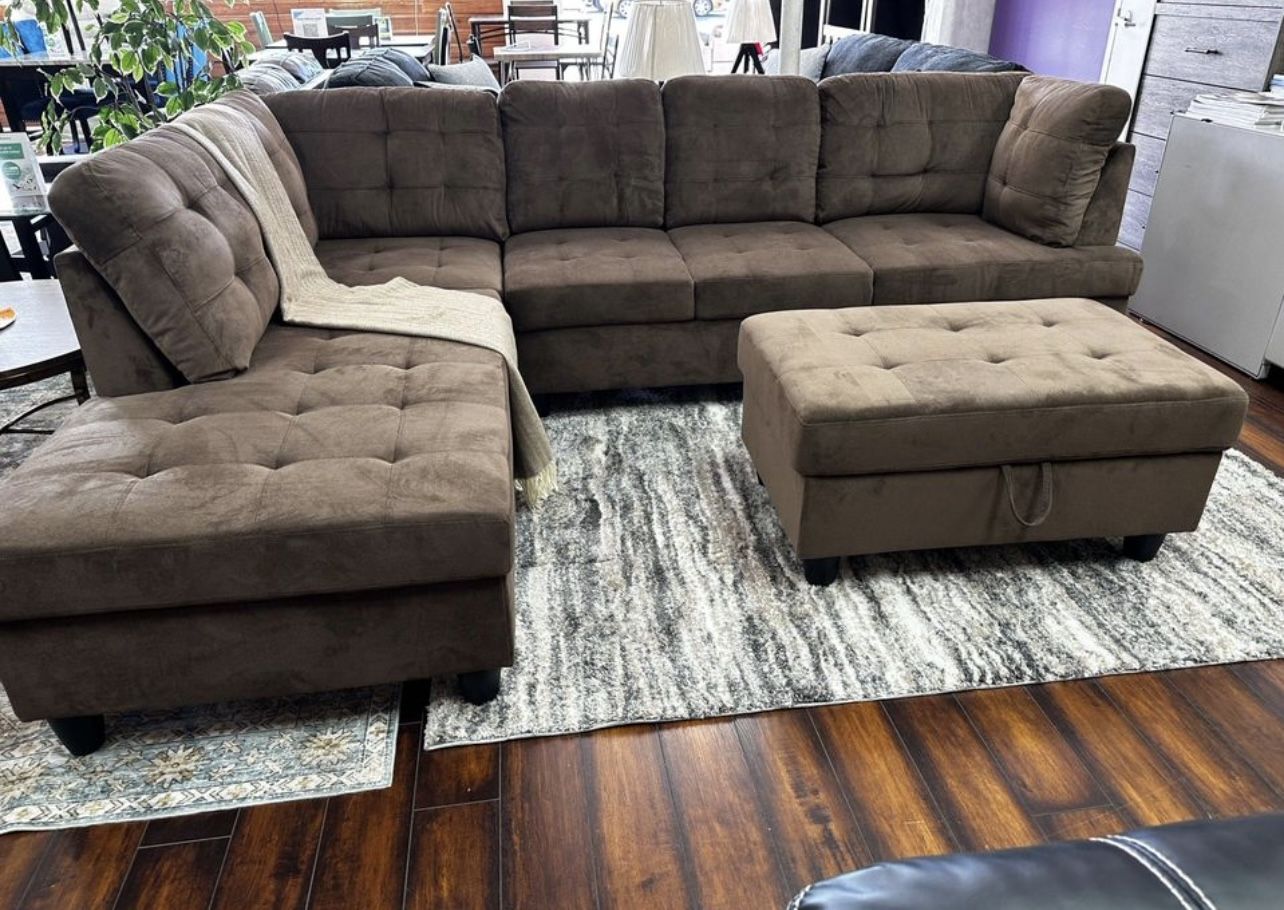 COSTCO Brown Chenille Sectional Couch And Ottoman